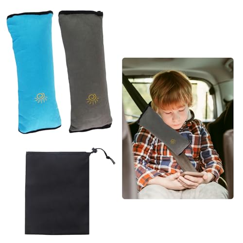 Scettar 2 Stück Gurtpolster Auto, Gurtpolster Kinder Für Erwachsene Und Kinder, Gurtschoner Auto Erwachsene, Autogurt Polster Für Reisen Und Ausflüge Grau + Blau (Tasche Mit Kordelzug *1)