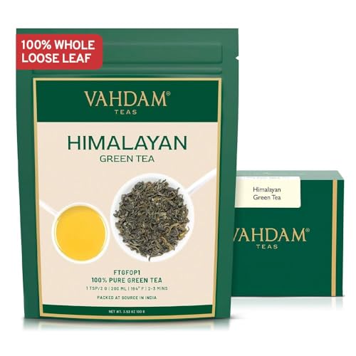 VAHDAM, Himalayan Grüner Tee (100 g) 100% reiner Grüntee aus dem Himalaya | Glutenfrei | Direkt von der Quelle in Indien | Heißen/Eistee aufbrühen | Grüner Tee Lose