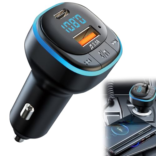 Bluetooth FM Transmitter 5.0, Auto Radio Adapter Bluetooth mit Ports 3.1A USB+Type C, Bluetooth Transmitter Zigarettenanzünder mit Freisprechen Car, LED Display, Unterstützung USB-Disk