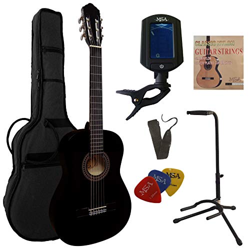 4/4 GITARRE - KONZERTGITARRE IM SET - CLASSIC SCHWARZ - DECKE LINDENHOLZ - TASCHE - BAND - SAITEN - 3xPIK - STIMMGERÄT - GITARRENSTÄNDER - STARTER SET