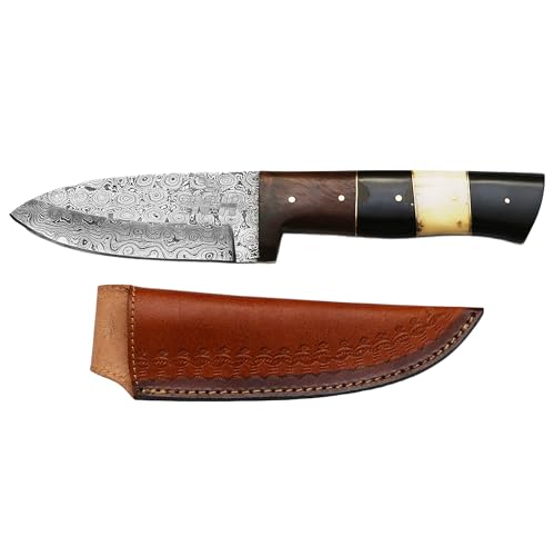 Novahaven Premium Handgefertigtes Damaststahl-Skinner-Messer aus Damaststahl - 22,23 cm Klinge mit Rosenholz-, Schwarzhorn- und Kamelknochen-Griff - Ideal für Küche, Häuten und Outdoor-Aktivitäten