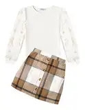 Arshiner Mädchen Bekleidungssets Elegante Langarmshirt mit Rock Set Kinder Herbst Winter Outfit Kariert Freizeit Mode Zweiteilig Kleidung Sets für Mädchen 9-10 Jahre