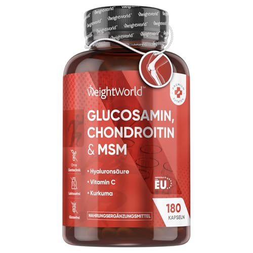 Glucosamin Chondroitin MSM 1560mg - 180 Kapseln mit Vitamin C, Kurkuma & Hyaluronsäure - Für Knochen, Immunsystem, Knorpel, Zähne & Haut (EFSA) - 3 Monate Vorrat - Glucosaminsulfat - WeightWorld