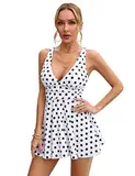 KOJOOIN Damen Badeanzug V-Ausschnitt Badeanzugkleid Bauchweg Badekleid mit Brustpolster Zweiteiliger Swimsuit mit Verstellbarer Schultergürtern (Verpackung MEHRWEG), A-Schwarzpunkt-Weiß, M