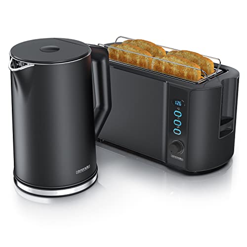 Arendo - Wasserkocher mit Toaster SET Edelstahl Schwarz, Wasserkocher 1,5L 40° 100°C Warmhaltefunktion Toaster 4 Scheiben LED-Display 6 Bräunungsgrade Brötchaufsatz