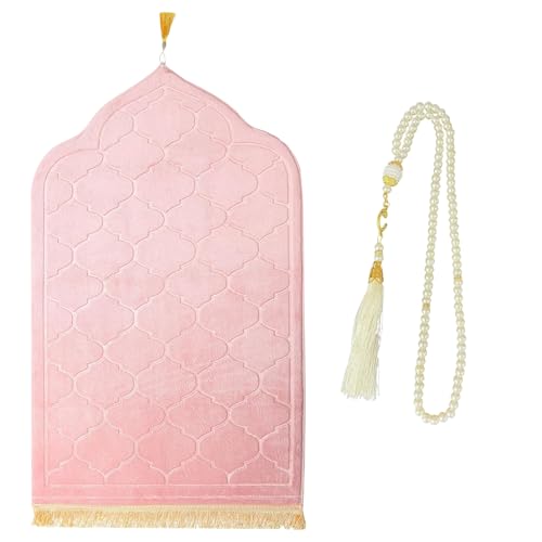 CRFASIBE Muslimischer Gebetsteppich Set mit Tesbih Gebetskette, Flanell Gebetsmatte, Islamische Sajadah Geprägte Gebetsteppich mit Fransen, Ramadan Geschenk Set(Rosa)