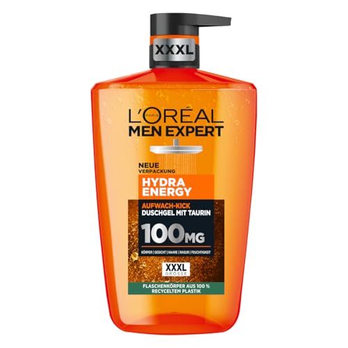 L'Oréal Men Expert XXXL Duschgel und Shampoo für Männer, Duschbad zur Reinigung von Körper, Haar und Gesicht, Herren Körperpflege für langanhaltende Frische mit Taurin, Hydra Energy, 1 x 1000 ml