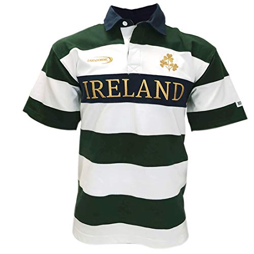 Lansdowne Irland Bottle/White/Gold gestreiftes Rugby Shirt mit kurzen Ärmeln Flaschengrün/Weiß/Goldstreifen