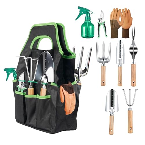 Gartenwerkzeug-Set, 9-teilig, robuste Gartengeräte mit Aufbewahrungstasche, rostfreier Edelstahl, Gartenbedarf, Handwerkzeuge mit Holzgriffen, ideales Gartengeschenk für Damen und Herren