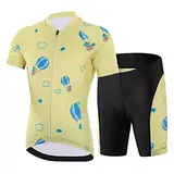 SXSHUN Kinder Jungen Radtrikot Mädchen Fahrrad Trikot Radhose mit Sitzpolster Kurzarm Radshirt Radsport Anzüge, Gelb, 152-158