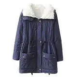 Onsoyours Damen Warme Winter Jacke Teddyfell gefütterte Winterjacke Dickere Parka Jacken Langarm Herbst-Winter Mantel Mit Reißverschluss Outwear Marine XL