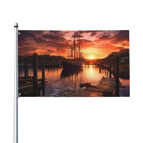 Flagge, 3 x 5 Fuß, Frühling, Sommer, Outdoor, Bootshafen im Sonnenuntergang, Banner mit Ösen, Polyester, personalisierbar, Garten, Haus, Heimdekoration, Feiertage für Hof, Rasen, Veranda