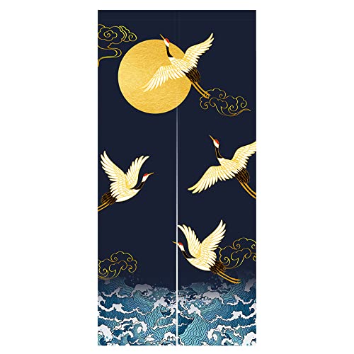 LIGICKY Japanischer Stil Dick Noren Lang Vorhang, Doppelseitig Druck Türvorhang Raumteiler Tapisserie für die Heimtextilien 85 x 180 cm, Blau (Weißer Kranich Meereswellen und Mond)