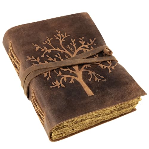 moonster Vintage Leder Notizbuch Baum des Lebens, 240 Seiten Holzfreies Baumwoll-Büttenpapier, Ledergebundenes Blanko Tagebuch, Handgefertigtes Vintage Notizbuch, Tagebuch Leder, Skizzenbuch 20x15cm