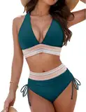 Hicodbek Bikini Damen Set Sexy Badeanzug Bademode Hohe Taille Farbblock Zweiteiliger Kordelzug Badeanzüge Bikinis für Frauen (DE/NL/SE/PL, Alphanumerisch, XL, Regular, Regular, Dunkelgrün)