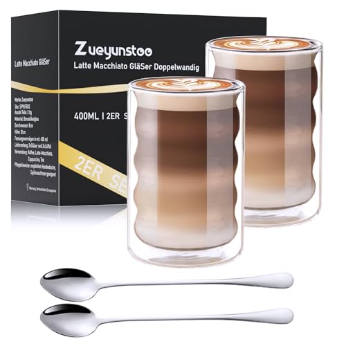 Zueyunstoo Doppelwandige Latte Macchiato Gläser 400ml, 2er Set Borosilikatglas Kaffeetassen mit 2 Löffeln für Cappuccino, Latte, Tee, EIS, Eistee, Iced Americano und Milch