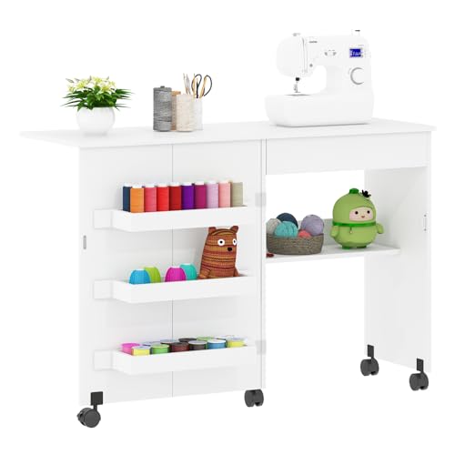 Nähtisch 2-in-1 klappbarer Basteltisch mit offenen Ablageflächen und Rollrollen, Nähmaschinen-Schreibtisch-Arbeitsplatz für Home Office