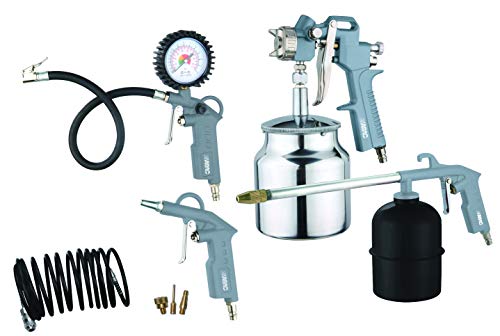 ABAC 8-teiliges Kompressor-Zubehörset G-810AL, Inklusive Reifenfüller mit Manometer, Ausblaspistole, Farbspritzpistole 1L, Waschpistole 900ml, 5m Spiralschlauch