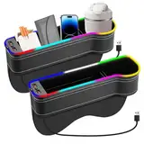 techextra 2 Stück Aufbewahrungsbox für Auto, Auto Organizer Vorne Mittelkonsole, Autositz Gap Organizer, Auto Mittelkonsole Lückenfüller, mit Getränkehalter, 2 USB-Anschluss, 7-Farbigen LED Licht