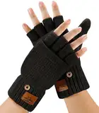 Fingerlose Handschuhe Herren und Damen - Halbfingerhandschuhe mit Kappe,Winter Flip Handschuhe mit Berührung,Fäustlinge Handschuhe mit Alpakawolle,Winterhandschuhe für Damen Herren (Dunkelschwarz)