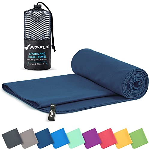 Fit-Flip Mikrofaser Handtuch - kompakte Microfaser Handtücher - ideal als Sporthandtuch, Reisehandtuch, Strandtuch - schnelltrocknend und leicht - Badetuch groß (100x200cm, Marineblau)