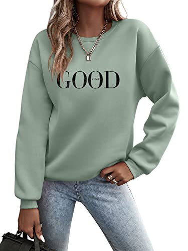 Minetom Pullover Damen Sweatshirt Briefe Langarm Rundhals Pulli Herbst Winter Frauen Buchstaben Druck Locker Casual Oberteil Sport Streetwear ohne Kapuze Bluse Tops Grün XL z