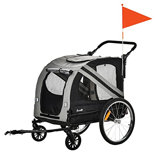 PawHut 2-in-1 Hundeanhänger & Hundebuggy, Hundefahrradanhänger Hundewagen, Fahrradanhänger mit Reflektoren für Mittelgroße Hunde bis 20 kg, Grau, Oxford-Gewebe