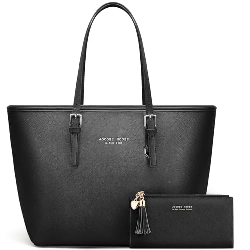 Jocose Moose Handtasche Damen Elegant PU Leder Shopper Damen Schultertasche Große Kapazität Laptop Trage Tasche Kontrastnähte Design Umhängetasche mit einer Damen Geldbörse（Schwarz）