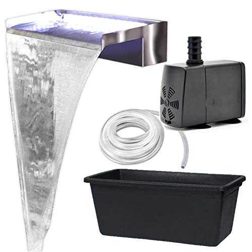 Köhko Wasserfall-Set Akaka (Länge 60 cm) aus Edelstahl matt 24303 - Komplett-Set inkl. Pumpe und Becken (90 Liter) Einbauhöhe bis ca. 60 cm Auqafall