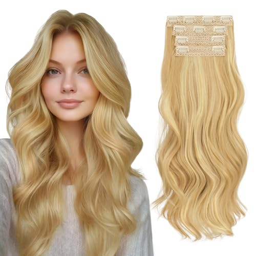 Sofeiyan Clip in Extensions, 4PCS 50 cm Lange Gewellte Haarverlängerungen für Frauen Natürlich Wellig Goldblond & Beigeblond Weiche Synthetische Clip in Haarteile für Tägliche Party