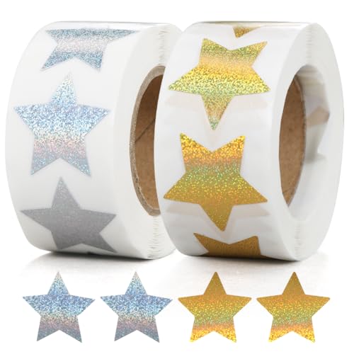 1000 Stück Sterne Aufkleber, Gold Silber Sterne Selbstklebende Rolle 2.5cm, Funkelnde Weihnachts Star Sticker, Star Glänzende Etiketten für Belohnung Scrapbooking Grußkarten Geschenke Verpackungen