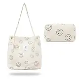 LoNinLoAn Smiley Tote Bag 2 Stück, Groß Umhängetasche, Damen Kosmetiktasche, Damen Cord Schultertasche, Smiley Gesicht Waschbeutel Cord Tasche Crossbody Reise Tragbare Kosmetiktasche