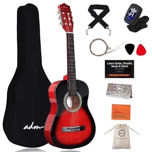 ADM 1/2 Kinder Konzertgitarren-Set, 86,4 cm, Junior-Gitarren-Set für Anfänger mit Gigbag, Stimmgerät, Gurt, Plektren, zusätzlichen Saiten, Aufbewahrungstasche und Reinigungstuch (pfirsichrot)