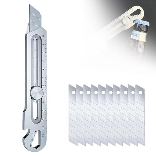 Profi Cuttermesser Set, Edelstahl Universalmesser mit Extra 10 Stück 18mm Abbrechklinge, Multifunktionales Mehrzweck Robuste Teppichmesser Druckguss Cutter Messer (Silber, 1 Pcs)