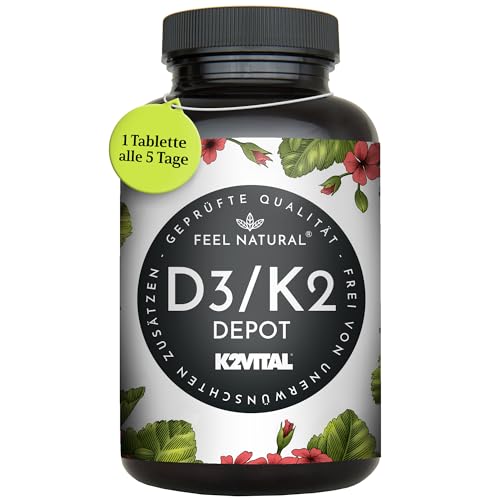 Vitamin D3 + K2 Depot - 180 Tabletten - 99,7+% All-Trans MK7 (K2VITAL®) - Hochdosiert: 5000 I.E. Vitamin D3 & 100 mcg Vitamin K2 pro Tablette - Laborgeprüft, in Deutschland produziert