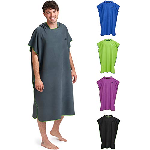 Fit-Flip Strandponcho für Surfer - Poncho Handtuch schnelltrocknend - Surf Poncho Mikrofaser - Umkleidehilfe Strand - Surfponchos Ultraleicht - Badeponcho für Erwachsene (Größe L, Dunkelgrau/Grün)