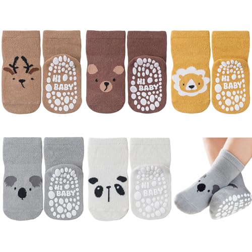 SockWaddles Stoppersocken Kinder Baby, 5 Paar ABS Atmungsaktiv Antirutschsocken Kinder, Krabbelsocken Baby Baumwolle, Jungen und Mädchen Crew Socken mit Tiere und Einhörner