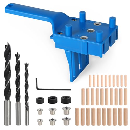 EXLECO Bohrschablone Dübelhilfe Dübellehre Bohrlehre Bohrhilfe Senkrecht Bohren Dübelvorrichtung mit 6mm 8mm 10mm Bohrer Holzdübel Dübel Zentrierspitze Bohrführung für Dübellöcher Holzbearbeitung Blau