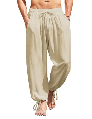 COOFANDY Herren Baumwolle Leinen Hosen Causal Haremshose Elastische Taille Strand Boho Yoga Hosen, Khaki, Groß