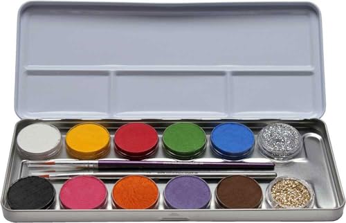 EULENSPIEGEL Schminkpalette 10 Farben 2x Glitzer 2x Pinsel Metalletui