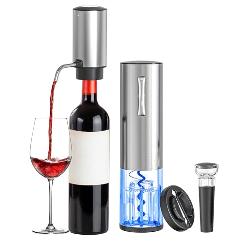 BGFOX Electric Wine Bottle Opener Set Rechargeable Stainless Steel, 4 in 1 Automatic Electric Corkscrew, Automatic Electric Wine Aerator, Foil Cutter and Vacuum Stopper, Gifts for Wine Lovers