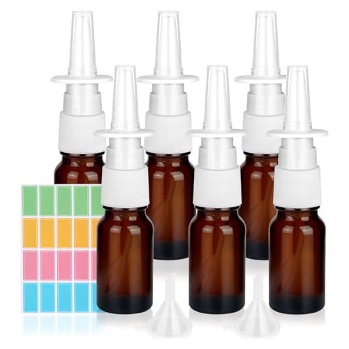 RISF 6 Stück Nasenspray Flasche Leer, 10ml Nasensprayflasche Leer Glas, Braun Nasen Sprühflaschen, Nasenspray Zerstäuber Nachfüllbare mit Trichter und Etikett für Parfüm, Kochsalzlösung