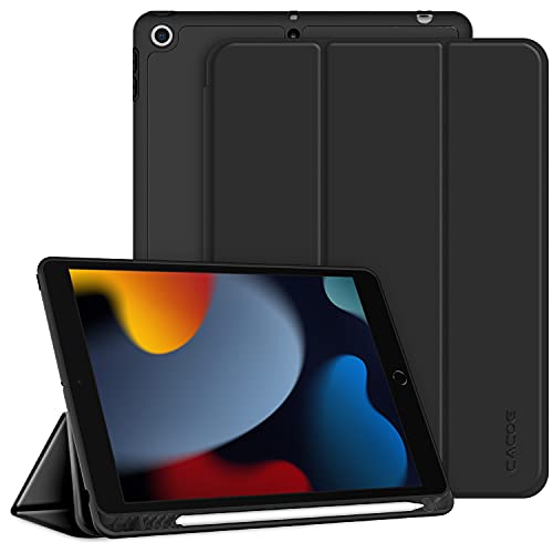 CACOE Hülle für iPad 9. / 8. / 7. Generation mit Stifthalter 10.2 Zoll Modell 2021/2020 / 2019, Ultradünne Schutzhülle aus TPU mit Standfunktion für iPad 10.2, Schwarz