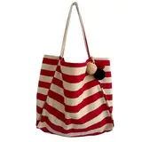 happymaker - Strandtasche XXL, Umhängetasche Damen, große Strandtasche, Shopper beige rot gestreift für Sommerurlaub, faltbare Tasche, Boho Tasche mit bunten Pom Pom Anhänger