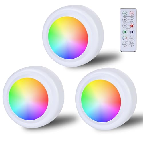 LED RGB Spots Batteriebetrieben mit Fernbedienung: 16 Farbwechsel Schrankbeleuchtung Dimmbar Vitrinenbeleuchtung Kabellos LED Touch Lampe Timer und Memoryfunktion LED Spot Batterie zum Klebepads-3Stl