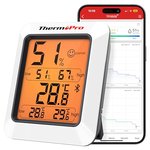 ThermoPro TP350 80m Bluetooth Thermometer Hygrometer Innen Temperatur und Luftfeuchtigkeitsmesser mit APP Datenexport für Innenraum, Büro, Weinkeller, Gewächshaus