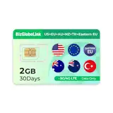 EIOTLCUB Globale Reise-SIM-Karte, 2 GB Daten, 30 Tage gültig, wiederaufladbar, 5G, für 38 Länder in Europa, USA, Australien, Neuseeland, Türkei, Osteuropa, Keine Telefonnummer, Keine Vertragsbindung