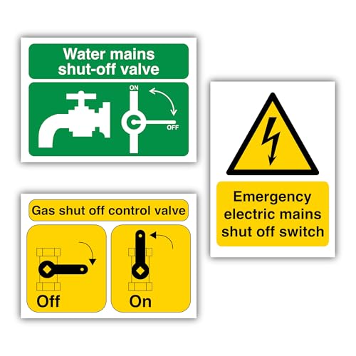 Selbstklebende Vinyl-Aufkleber für Wasserleitungen, Gasnetz-Absperrventil und Notstromabschaltung, selbstklebend, Vinyl, 105 x 148 mm, 3 Stück