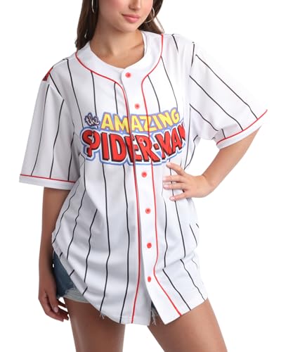 Marvel Damen Spider-Man Baseball Trikot - Neuheit Mode Spider-Man Unifrom Shirt - Spidey Jersey Top für Frauen (S-L), Spider-Man, Weiß/Rot, Groß