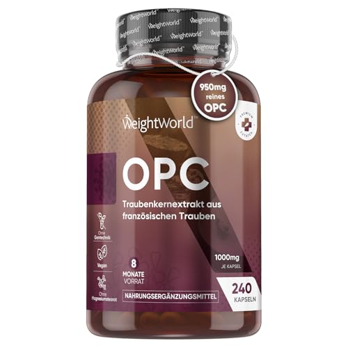 OPC Traubenkernextrakt - 240 Stücke - 1000mg Extrakt je Kapsel - 8 Monate Vorrat - 95% reines OPC - Oligomeric Proanthocyanidins - Aus französischen Weintrauben - WeightWorld